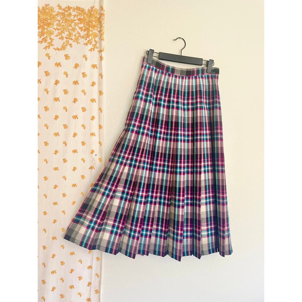 Vintage 80s Pendleton Wool Plaid Midi Skirt Purple Teal USA Size 6 - Picture 5 of 5